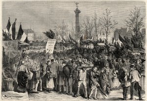 Veletrh šunky, Boulevard Bourdon ve 4. pařížském obvodu poblíž Place de la Bastille. Cedule inzeruje maso parmice (Hyperfagie). Rytina do „The Universe Ilustrious“ od Unknown artist