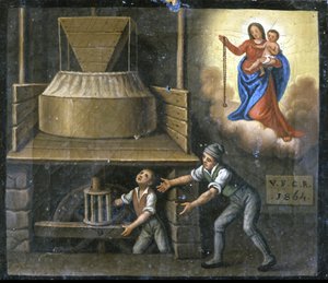 Ruka mladého dělníka je zachycena v mlýnském kameni. od Unknown artist