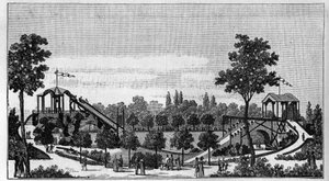 Skok z Niagary do zahrady Ruggieri, rue Saint-Lazare v Paříži kolem roku 1824 v „“ La Nature. Přehled věd a jejich aplikací v umění a průmyslu.“ 1888 od Unknown artist