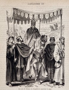 Francouzští králové Ludvík VII. Mladý (1120 - 1180) a Anglie doprovázejí papeže Alexandra III. - v „Histoire des Popes“, n.d. od Unknown artist