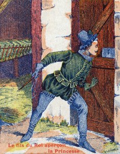 Králův syn viděl princeznu. Ilustrace k příběhu „Oslí kůže“ od Charlese Perraulta (1628-1703), francouzského spisovatele. Snímky Marcel Vagne, Jarville Nancy, nedatováno (konec 19. století). od Unknown artist