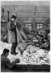 Velké tabulky dopisů v třídicích střediscích hotelu des Postes na Rue du Louvre v Paříži. Rytina v časopise „“La jeunesse““ od Unknown artist