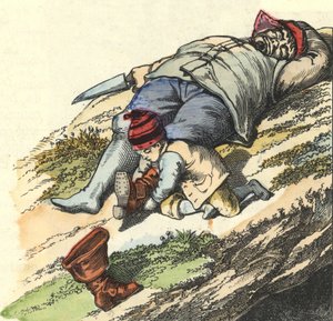 Malý kocour ukradne boty ze 7 míst spícímu zlobrovi. Ilustrace příběhu „Le Petit Poucet““ od Charlese Perraulta od Unknown artist