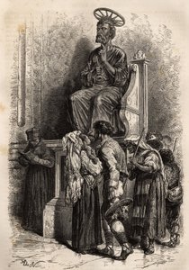 Spodní noha bronzové sochy svatého Petra, předmět úcty pro katolické peleríny vstupující do vatikánské baziliky svatého Petra. Rytina k ilustraci příběhu Ludovica Cellera: la semaine sainte à Rome, en 1863, v „Le tour du monde, nou od Unknown artist