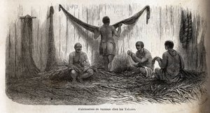 Výroba filetů z houpacích sítí mezi indiány Yahua v Peru z tenkých vláken palmových chambira. Rytina pro ilustraci cesty z Tichého oceánu do L
