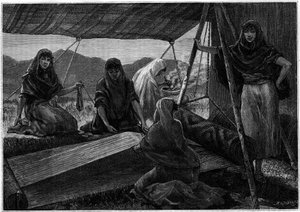 Výroba koberců kočovnými ženami z Persie. Rytina v časopise „“La jeunesse““ od Unknown artist