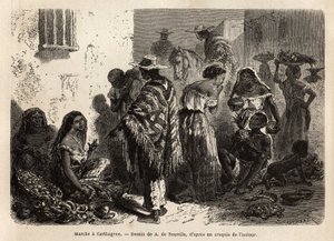 Pochod Cartagenou (Kolumbie), na předměstí města, navštěvovaný hlavně černochy, metis a indiány. Rytina pro ilustraci plavby do Nové Granady od Dr. Saffraye, v roce 1869, publikovaná v “”Le tour du monde”””” 1872, editoval Edouard Charton, od Unknown artist