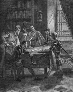 Marechal z Vieilleville zasadil svou dýku do patentu, kterým francouzský král Jindřich II. (1519-1559) dal jemu a pěti lordům přítomným v místnosti právo na konfiskaci všech půjčovatelů a luteriánů z Guienne, Limousin, Quercy a S od Unknown artist