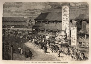Matsouri (jarmark, procesí) v Miodjinu, chrám Yedo (nebo Edo, dnešní Tokio), velké dvouleté procesí s představením velkých historických postav a pozváním kněží mnoha kurtizán v nosítkách v průvodu; ošklivý a od Unknown artist