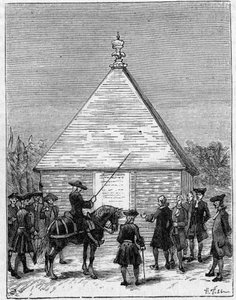 Míra stupně Ekvádoru v 18. století: pyramida v Carabourou, Peru, postavená La Condamine v roce 1736. Rytina v „“ La Nature: revue des sciences et de leurs applications aux arts et a l