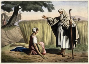 Setkání Ruth a Boaze (Booze), prarodičů izraelského krále Davida (1000-972 př.nl). Anonymní rytina z poloviny 19. století. od Unknown artist