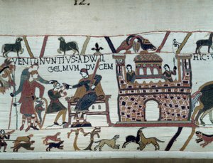 Poslové normandského krále Viléma Dobyvatele (1027-1087) ho informovali, že Harold, který přišel z Anglie jménem anglického krále Edwarda Vyznavače, byl zajat hrabětem Guyem de Ponthieu Detail tapiserie z Bayeux neboli Emb od Unknown artist