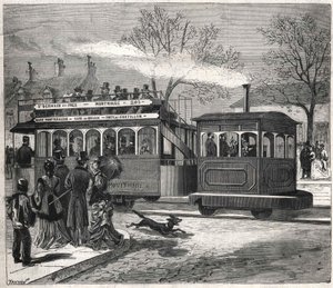 Nové parní tramvaje v Paříži v roce 1876 jezdící na lince Saint - Germain - des - Prés u dveří Chatillonu s rytinou sbírky Bianchetti. od Unknown artist
