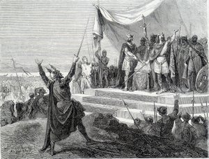 Přísaha dvou bratrů před jejich brněním: Karel II. Plešatý a Ludvík II. Germánský skládají přísahu proti Lothaireovi I. (Přísahy Štrasburku 842). Rytina 19. století. od Unknown artist