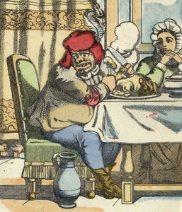 Zlobr u stolu cítí přítomnost malého Pouceta a jeho bratrů. Ilustrace pohádky „Le Pepetit Poucet““ od Charlese Perraulta od Unknown artist