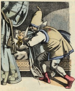 Zlobr řeže hlavu svým sedmi dcerám a myslí na to, že zabije Little Poulet a jeho bratry. Ilustrace příběhu „Le Petite Poucet“ od Charlese Perraulta od Unknown artist