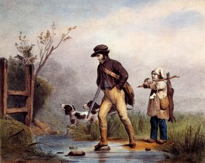 V pasáži jsou lovci přecházející vodní tok pěšky. Litografie Gien z 19. století, lovecké muzeum od Unknown artist