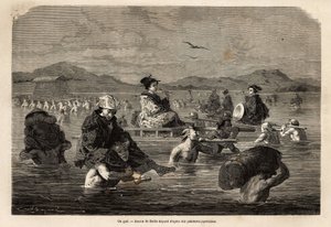 Průjezd gue s představením způsobů přepravy cestujících a zavazadel. Rytina pro ilustraci plavby do Japonska v letech 1863-1864 od Aime Humberta, ministra Švýcarské konfederace, v „“Le tour du monde, nouveau journal des voyages““ od Unknown artist