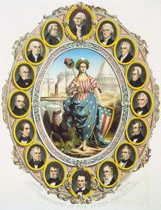Prezidenti Spojených států se symbolem Ameriky uprostřed. Nahoru, Washington a dolů Abraham Lincoln. Plakát vydaný při inauguraci Lincolnova prezidentství v roce 1861. Rytina 1861. od Unknown artist