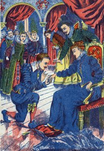 Princ zkouší oslí prsten. Anonymní ilustrace k příběhu „Oslí kůže“ od Charlese Perraulta (1628-1703), francouzského spisovatele. Snímky Marcel Vagne, Jarville Nancy, nedatováno (konec 19. století). od Unknown artist