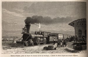 Železnice má stanici Omaha (Nebraska), výchozí bod linek vedoucích do Pacifiku. Rytina pro ilustraci cesty na americký dálný západ, od M. L. Simonina, v roce 1867, publikovaná v „Le tour du monde, nouveau journal des voyages“, vyd. od Unknown artist