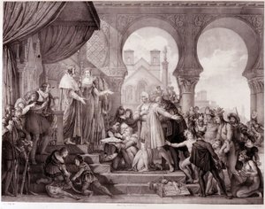 Návrat Kryštofa Kolumba do Španělska před krále Ferdinanda II. Aragonského a Isabellu 1. Kastilskou (nazývanou katolička) po objevení Ameriky. Rytina 19. století. od Unknown artist