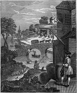Směšná perspektiva Satirická ilustrace Williama Hogartha (1697-1764) zesměšňující umění malířské perspektivy tím, že navrhuje rovinné úrovně objektů a osob, které jsou ve skutečnosti nemožné kvůli vzdálenostem. od Unknown artist