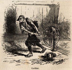 Výrobce provazů. Rytina k ilustraci plavby do Japonska v letech 1863-1864 od Aime Humberta, ministra Švýcarské konfederace, v „Le tour du monde, nouveau journal des voyages“, vydaném pod vedením Edouarda Chartona od Unknown artist