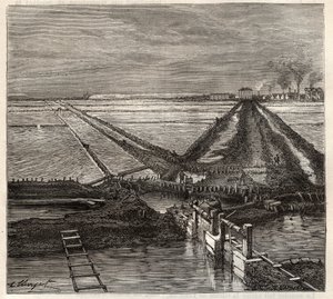 Solná bažina Giraud v Camargue (Bouches-du-Rhone), pohled ze servisního kanálu - rytina v „Les Merveilles de l