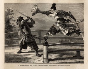Samuraj Yashitsune v rovnováze na bariérě mostu zaútočí na samuraje v brnění. Rytina pro ilustraci plavby do Japonska v letech 1863-1864 od Aime Humberta, ministra Švýcarské konfederace, v „“Le tour du monde, nouveau journal des voyages““ od Unknown artist