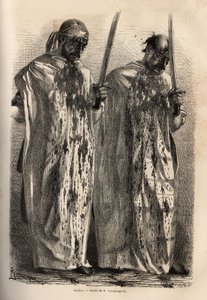 Jizvy, muslimové v procesí během vzpomínkového svátku mučednické smrti Hosseina, udeřili do hlavy mečem, každý z nich zakrytý bílým prostěradlem, aby shromáždili krev vytékající z jejich ran. Rytina pro ilustraci plavby v pro od Unknown artist