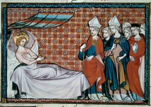 Nemocný francouzský král Saint Louis (Ludvík IX.) (1214-1270) oslovuje své příbuzné a duchovenstvo. Miniatura z rukopisu „Život a zázraky Saint Louis“ od Viléma ze Saint Pathus od Unknown artist