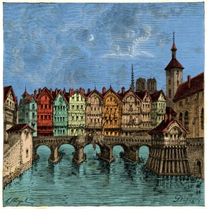 Malý most, který byl později Pont au Change v Paříži ve středověku, rytina 19. století od Unknown artist