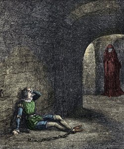 Přízrak věže Vězeň řetězy v kobce vidí před sebou ducha. Ilustrace k „Londýnské věži“ od Williama Harrisona Ainswortha z 19. století od Unknown artist