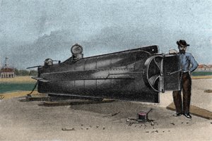 Ponorka (ponorka) CSS H. L. Hunley používaná námořnictvem států Konfederace během války o odtržení. 1861-1865 Rytina 19. stol od Unknown artist