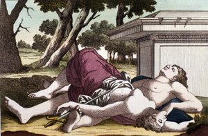 Sebevražda Pyramus (Pirame) pod vraždou a smrt Thisbe. Pyramus, přesvědčený, že lvice pozřela Thisbe, se oddal smrti a pokryl bílé mory její krví. Thisbe, která se skrývá, aby unikla lvu, najde jeho lásku mrtvou a sebevražednou od Unknown artist