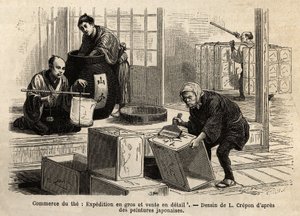 Obchod s čajem: velkoobchodní a maloobchodní doprava. Rytina k ilustraci plavby do Japonska od Aime Humberta, ministra Švýcarské konfederace, v letech 1863-1864, publikovaná v „“Le tour du monde“““ 1869, editoval Edouard Charton, vydání Hachette, Par od Unknown artist