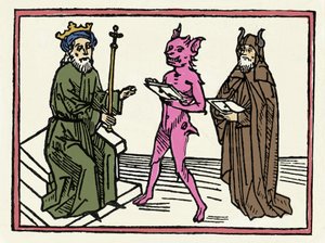 Proces s Belialem: „Démon Belial předkládá své pověřovací listiny soudci Solomonovi“ „Rytina z „Soudu s Belialem““ od Jacobuse de Teramo (nebo Palladino), Ausburg od Unknown artist