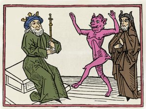 Proces s Belialem: „“Démon Belial tančí před soudcem Solomonem“““ Rytina z „Procesu s Belialem““ od Jacobuse de Teramo (nebo Palladino), Ausburg od Unknown artist