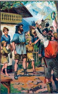Pocta konfederace Guillaume Tellovi (William Tell) (legendárním hrdinům švýcarské nezávislosti) Chromolitografie konce 19. století. od Unknown artist