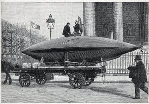 Podvodní člun (ponorka) „“Le Goubet“, přepravující se na experimenty, míjí Place de la Madeleine v Paříži. Gravírování do ""La Nature"" od Unknown artist