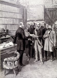 Návštěva dělnických delegátů v Palais Bourbon (Jules Guesde, pan Ferroul, pan Baudin a pan Thivrier) u generálního tajemníka předsednictví: pana Martina během demonstrace 1. května od Unknown artist
