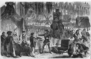 Přání bažanta. Philip III Le Bon, vévoda z Burgundska (1396-1467) se 17. února 1454 připojil k císaři Konstantinopole na banket v hotelu Salle de Lille. Rytina 19. století. od Unknown artist