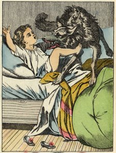 Vlk bije Červenou Karkulku. Ilustrace pohádky „Červená karkulka“ od Charlese Perraulta od Unknown artist