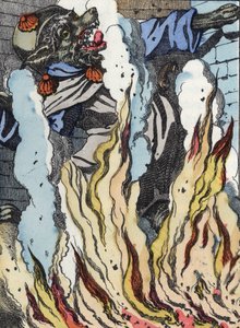 Vlk padá do ohně komína. Ilustrace příběhu „Compere le Loup, Maitre Renard, Comere la Chevre et ses petits biquets““ podle bajky Jean de la Fontaine. V „“ Pohádky z domova pro nejmenší““. Anonymní rytina tl od Unknown artist