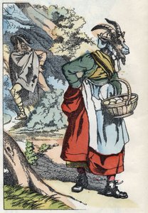 Vlk hledá kozu, která opouští svůj domov. Ilustrace příběhu „Compere le Loup, Maitre Renard, Comere la Chevre et ses petits biquets““ podle bajky Jean de la Fontaine. V „“ Pohádky z domova pro nejmenší““. Anonymní rytina od Unknown artist