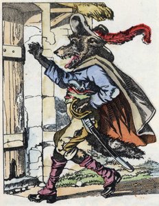 Vlk zaklepe na dveře biketovny. Ilustrace příběhu „Compere le Loup, Maitre Renard, Comere la Chevre et ses petits biquets““ podle bajky Jean de la Fontaine. V „“ Pohádky z domova pro nejmenší““. Anonymní rytina o od Unknown artist