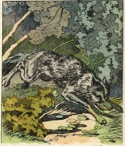 Vlk běží k babičce. Ilustrace pohádky „Červená karkulka“ od Charlese Perraulta od Unknown artist