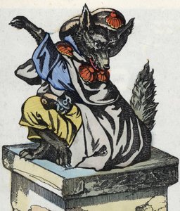 Vlk sedí na komíně. Ilustrace příběhu „Compere le Loup, Maitre Renard, Comere la Chevre et ses petits biquets““ podle bajky Jean de la Fontaine. V „“ Pohádky z domova pro nejmenší““. Anonymní rytina 19. století. od Unknown artist