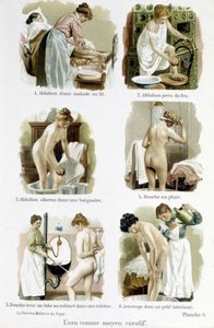 Žena, domácí lékař: voda jako léčebný prostředek. 1. Ošetření nemocného na lůžku, 2. Ošetření ohněm, 3. Ošetření střídavě ve vaně, 4. Dešťová sprcha, 5. Sprchový kout s vodovodní trubkou kuchyně, 6. Zalévání v malém interiéru - v „ Žena, domácí lékař““ od Unknown artist